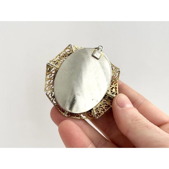 XL Dark Gold Toned Oval Carved Faux Cameo Vintage Pendant Bypass Frame - Picture 5 of 10